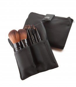 Travel Brush Pouch: Heather 59b – Perfect, petite collection of anti-bacterial, vegan cosmetic brushes. Side zip pouch holds all touch up essentials. Have it monogrammed with your signature wedding color for each bridesmaid. Perfect gift! $65.00