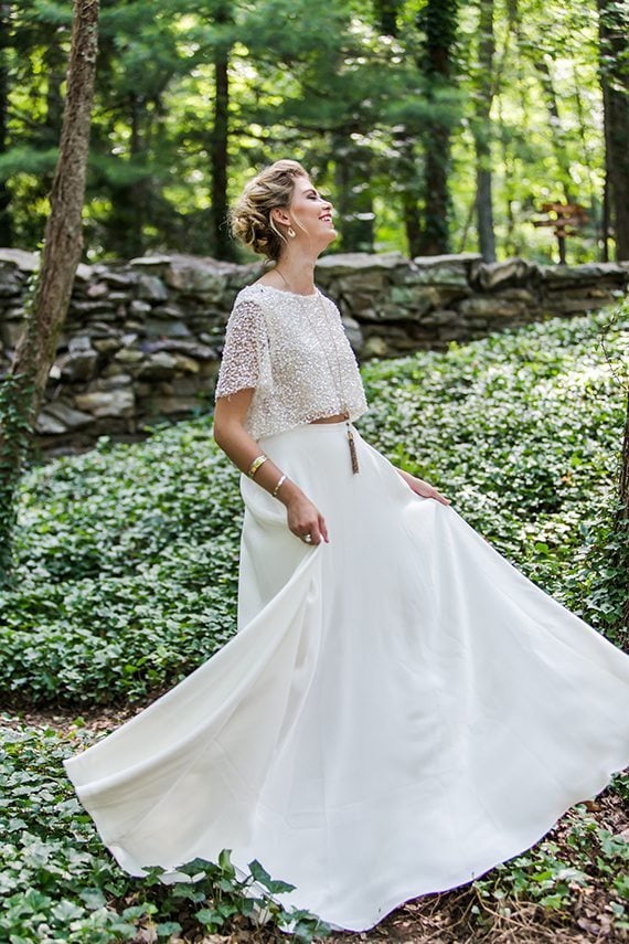 Two pieces, Wedding Dresses, Modern, Personal Style, Crop Top, Mix and Match, Untraditional, Boho-chic, Simple, BHLDN, Southern Bride Magazine, Michael Allen Photography