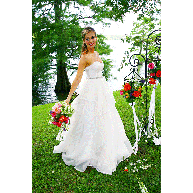 Snowden House bride by lake wedding dress