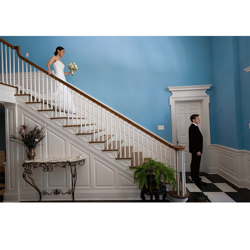 Snowden House staircase bride and groom first look