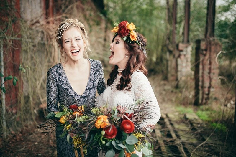 Industrial_Warehouse_Shoot-bride_and_bridesmaid_laughing