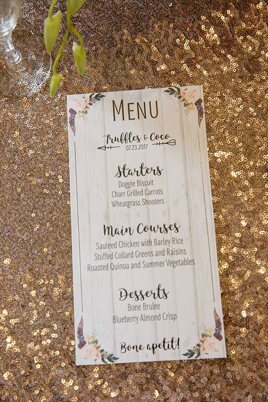 Puppy_Wedding-menu_with_sparkle_table_cloth
