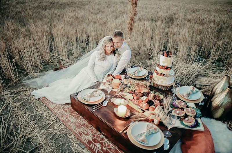 Bountiful Wheat Harvest Bride And Groom In Wheat Field By Food