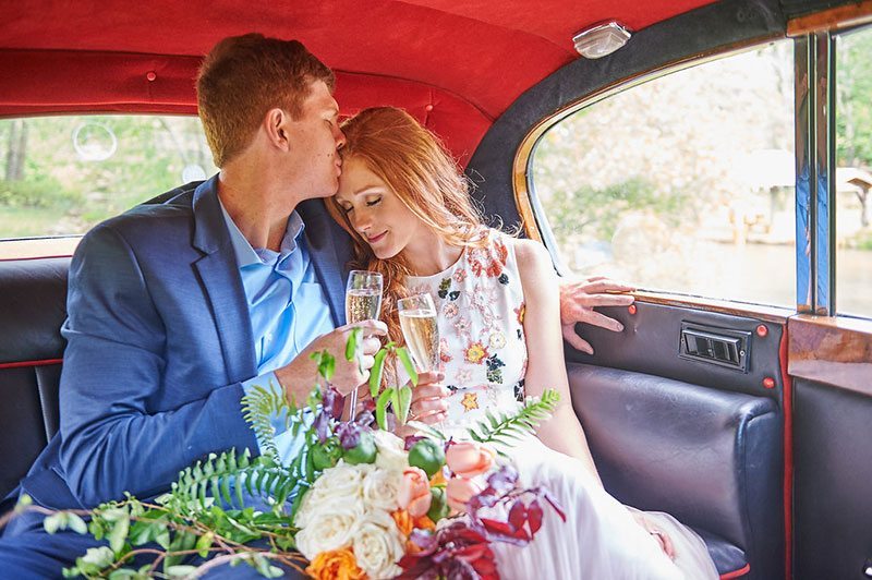 Pink Wedding Bride And Groom In Car