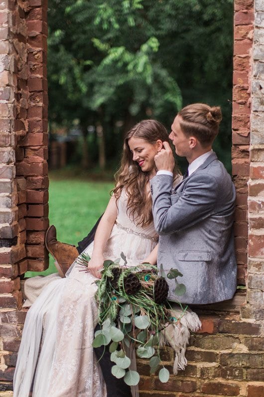 Rain Over Atlanta Bride And Groom Laughing On Bricks