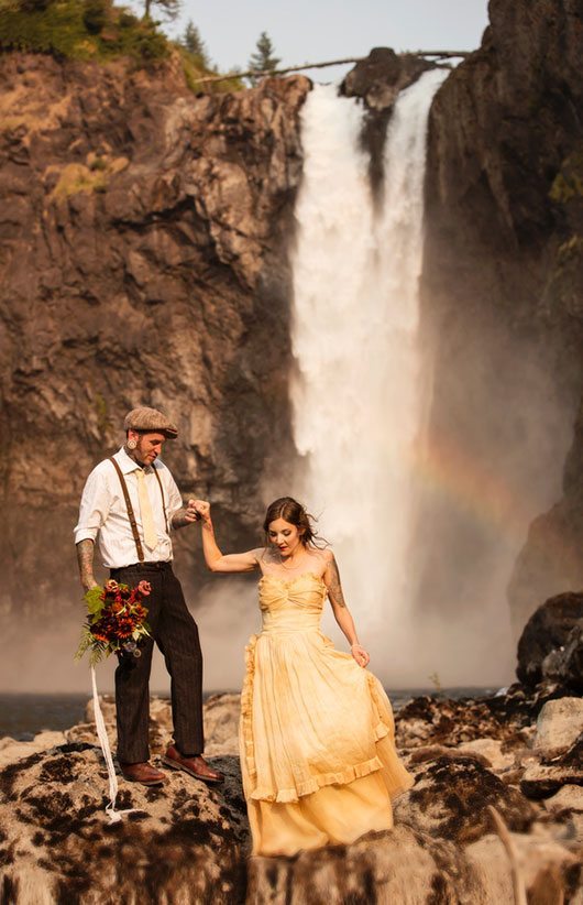 Snoqualmie Falls Bride And Groom By Waterfall With Rainbow