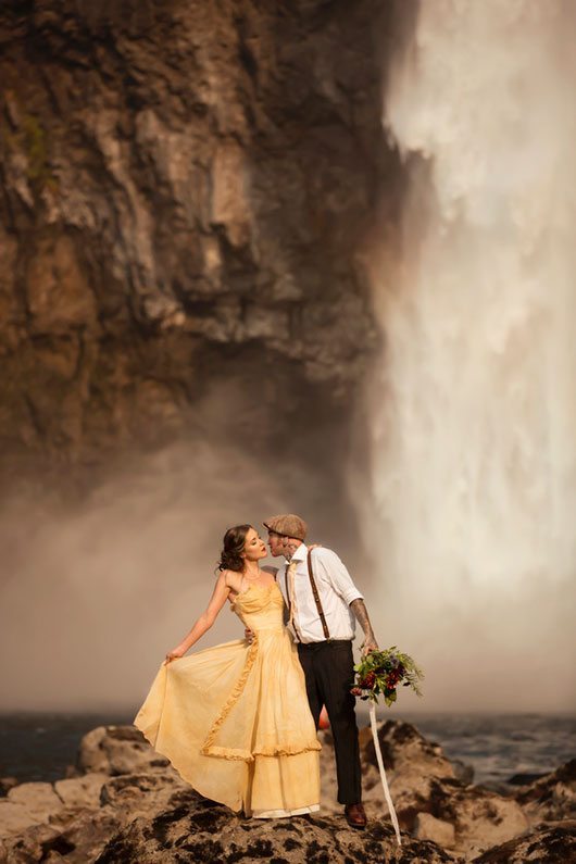 Snoqualmie Falls Bride And Groom Kissing By Water
