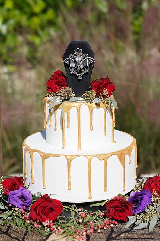 Vampire Wedding White And Gold Cake With Flowers