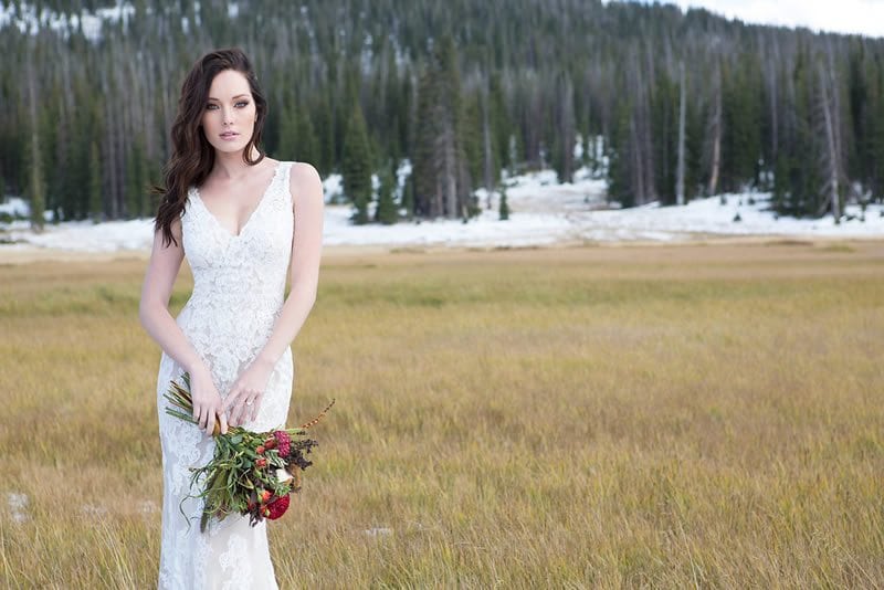 Allure Bridals Latest Collection Wilderly Lookbook Bride In Front Of Christmas Tree Farm