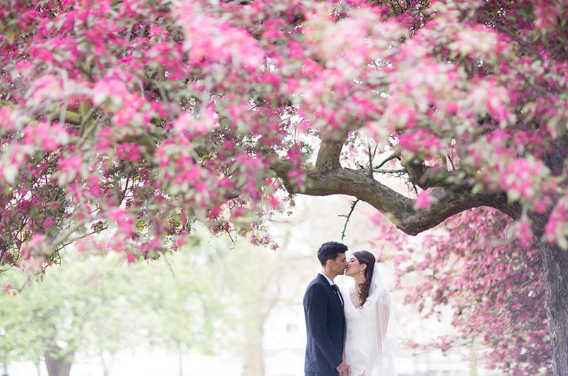 London Bride And Groom Under Flower Tree