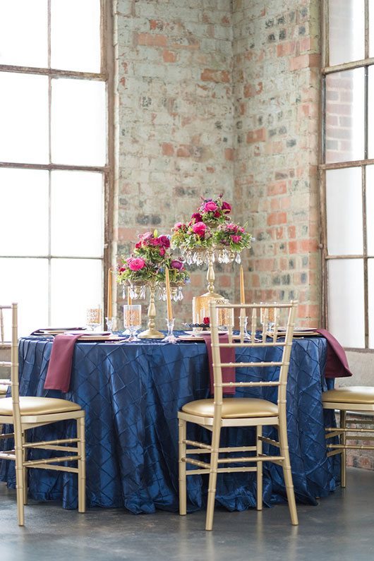 Vintage Copper Blue Table Cloth With Gold Chairs