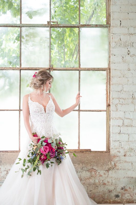 Vintage Copper Bride Holding Flowers By Window