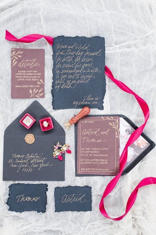 Vintage Copper Invitations With Ribbon And Ring