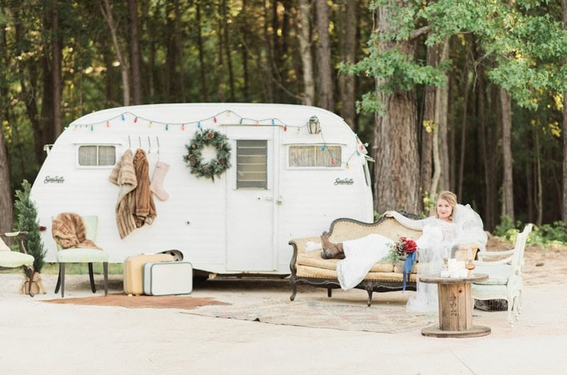 Eclectic Christmas Wedding Inspiration Christmas Bride In Front Of Airstream