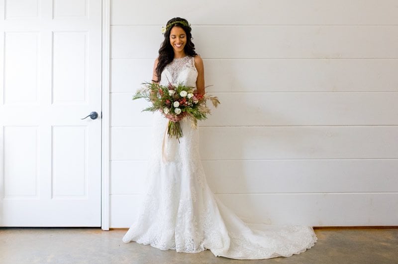 Perfect Christmas Wedding Inspiration Bride Against Shiplap