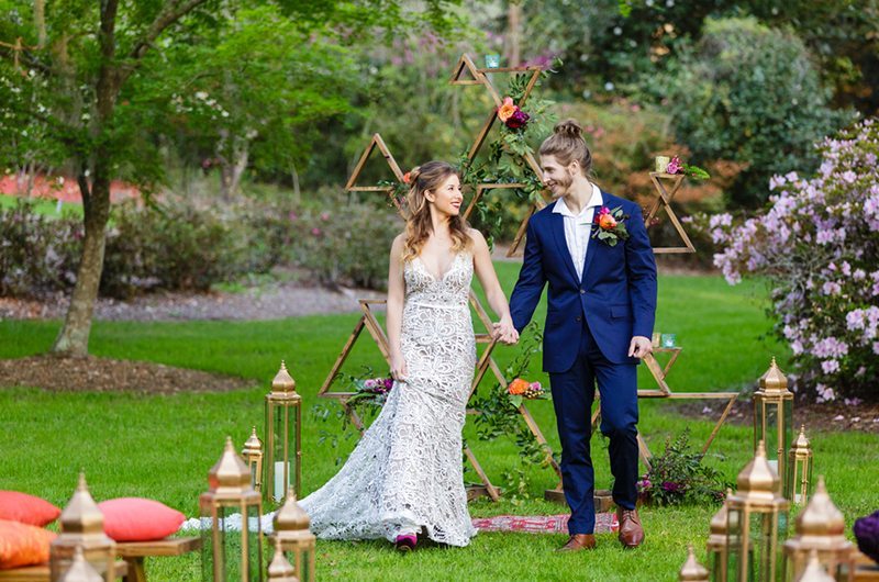 Colorful Outdoor Wedding Inspiration Walking Up Aisle