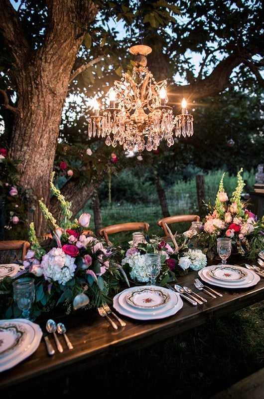 Woodland Fairytale Wedding Inspiration Chandelier In Woods