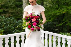 Classic Trumpet Silhouette Wedding Dress Bride Looking Down