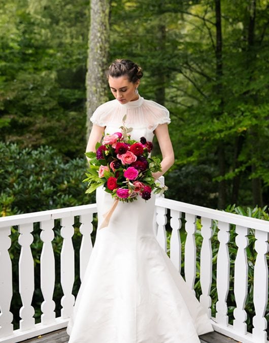 Classic Trumpet Silhouette Wedding Dress Bride Looking Down