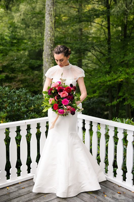 Classic Trumpet Silhouette Wedding Dress Bride Looking Down