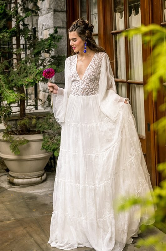 Spanish Inspired Wedding Dress Front With Flower