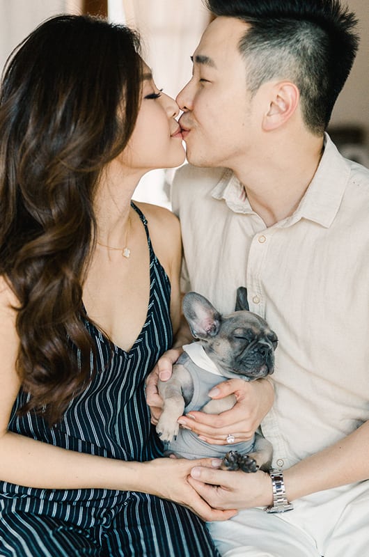 Kim Ye Engagement Portrait Kissing Holding Dog