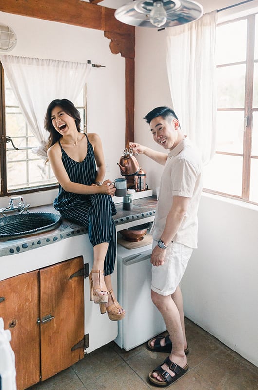 Kim Ye Engagement Portrait Laughing In Kitchen