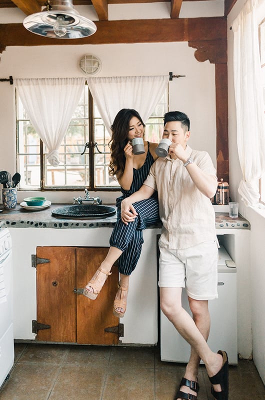 Kim Ye Engagement Portrait On Counter Drinking Coffee