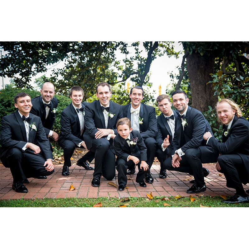 Ashley Klein and Thomas Conway Groom Groomsmen In Suits Outdoors Group Photo