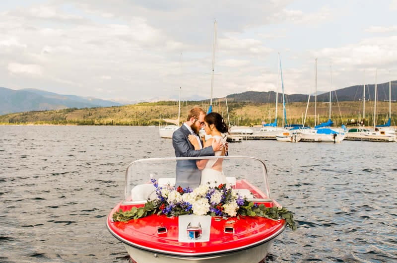 Red White Blue Lake Front Wedding Inspiration Boat Flowers