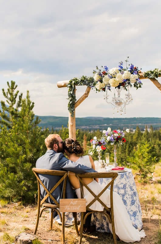 Red White Blue Lake Front Wedding Inspiration Couple At Table