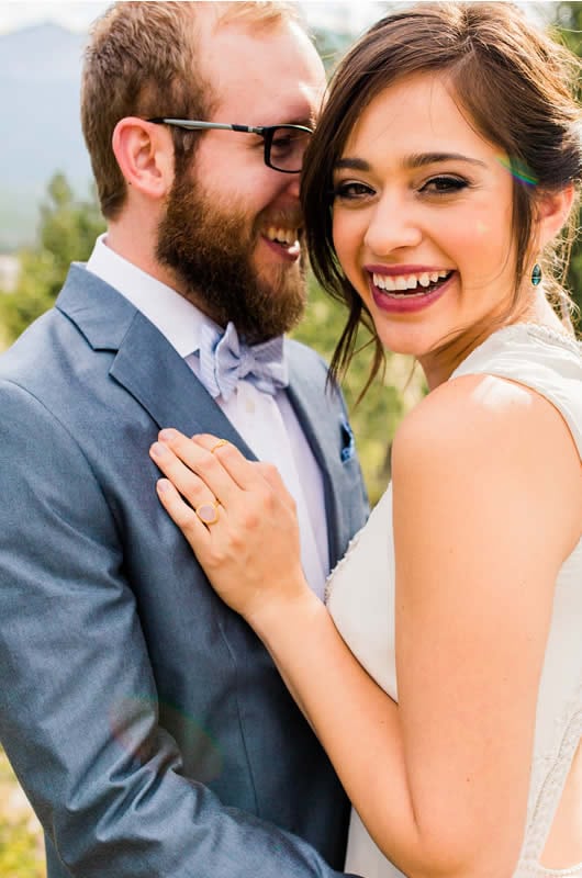 Red White Blue Lake Front Wedding Inspiration Couple Bride Laughing