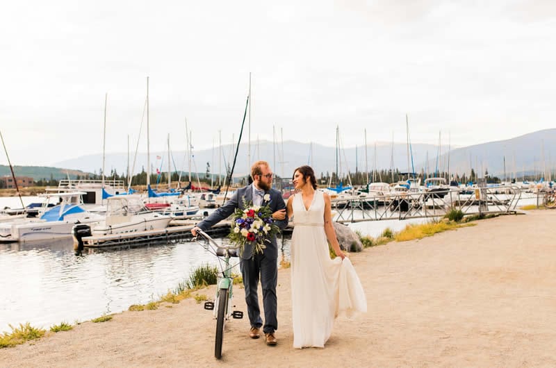 Red White Blue Lake Front Wedding Inspiration Couple With Bike