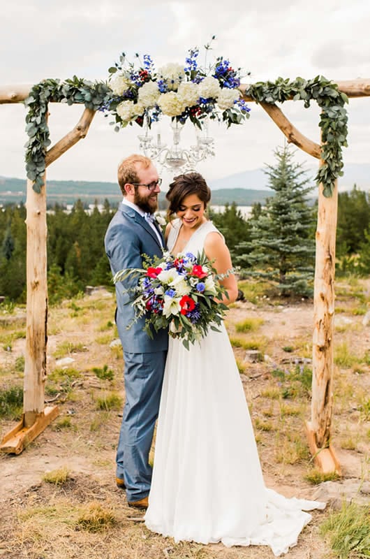 Red White Blue Lake Front Wedding Inspiration Couple At Arch