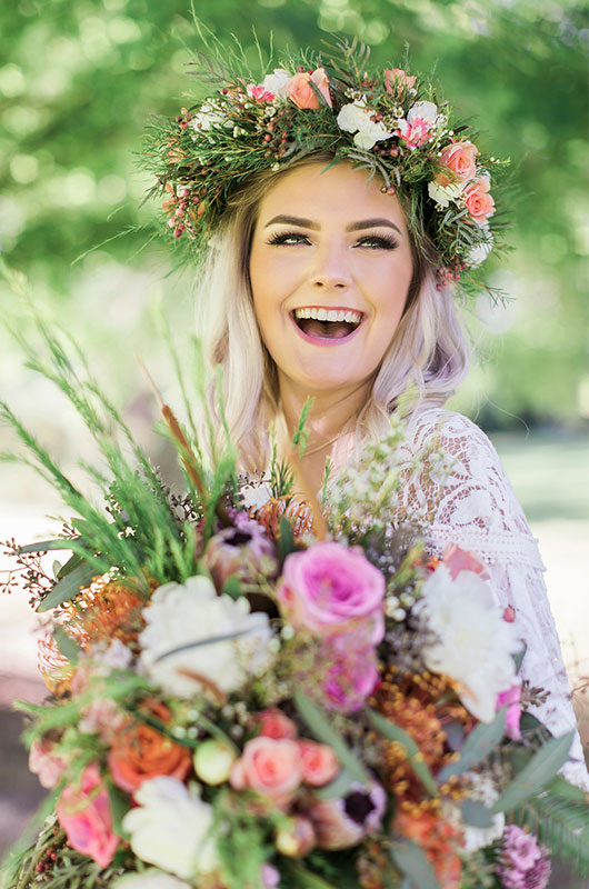 Kitten Bridal Shoot Bouquet And Flower Crown Detail Laughing