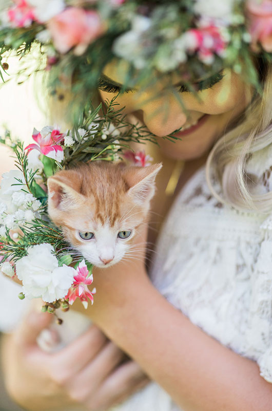 Kitten Bridal Shoot Holding Orange And White Cat Flower Crown Detail