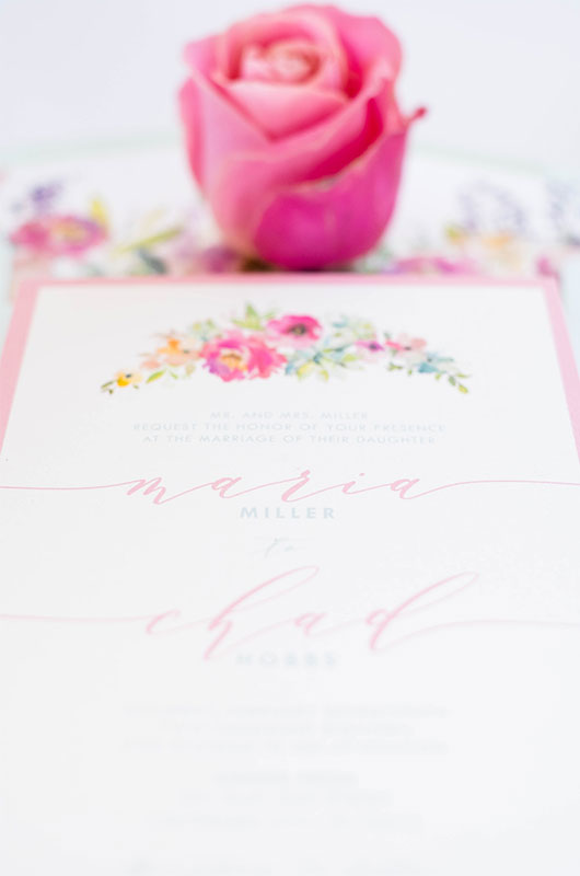 Pastel And Watercolor Styled Shoot Invitation And Rose Closeup