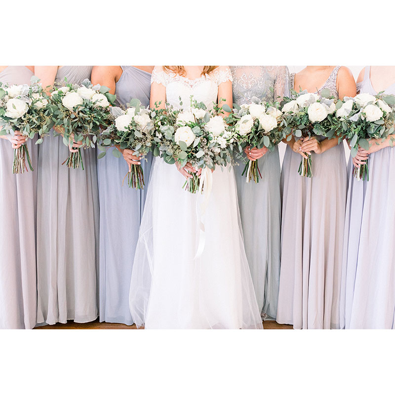 Hannah Kaplan and Jeffrey Plante Bridesmaids and Bride Together Holding Eucalyptus Bouquets Group Photo