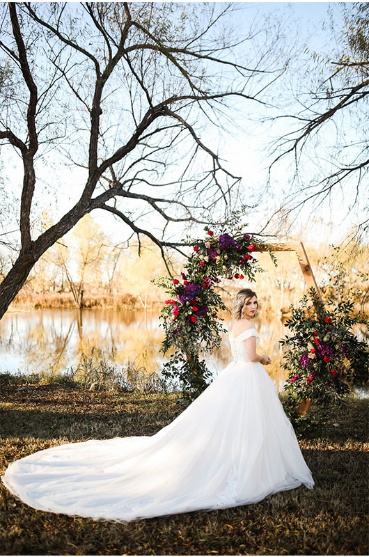 Woodsy Jewel Toned Shoot Bride Arbor Gown Shoot