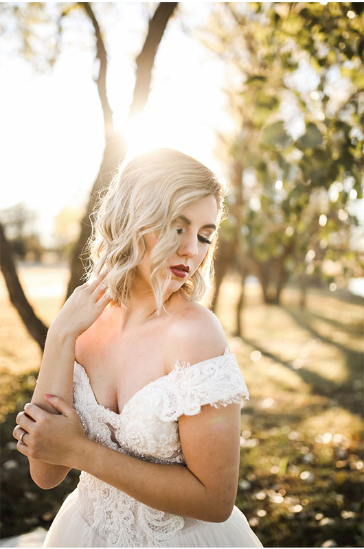 Woodsy Jewel Toned Shoot Bride Closeup Sun Setting