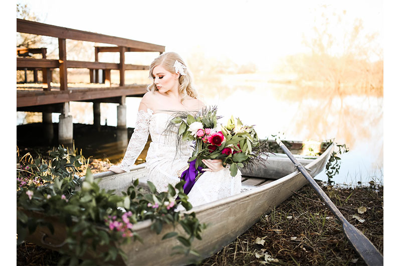 Woodsy Jewel Toned Shoot Bride In Boat