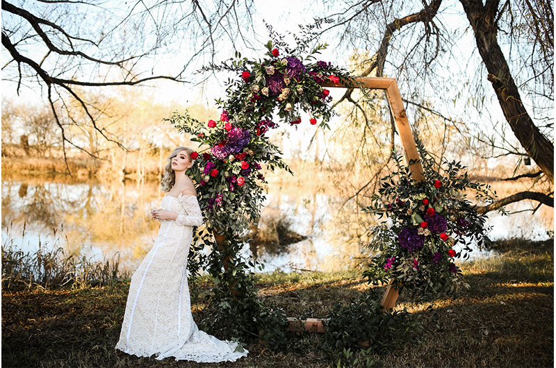 Woodsy Jewel Toned Shoot Bride And Floral Arbor