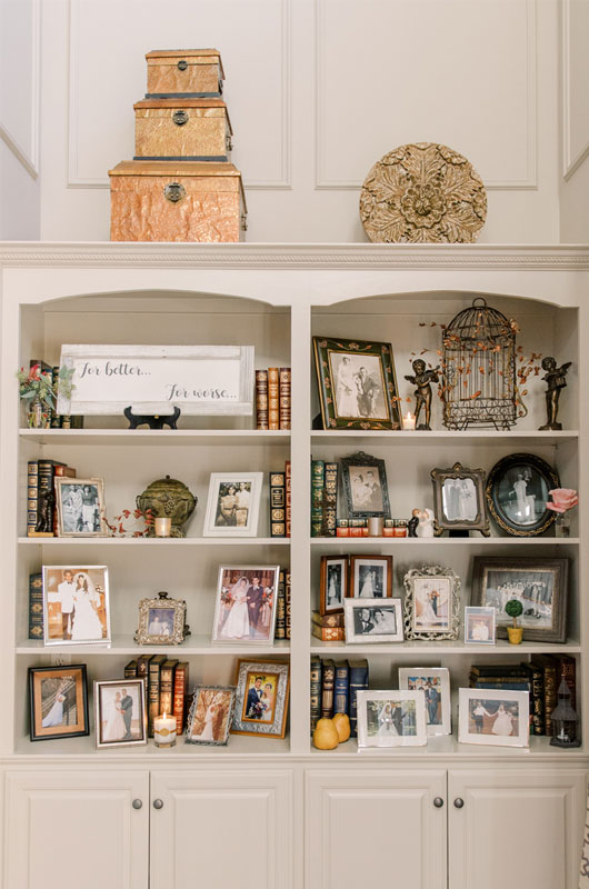 Kirsten Butler Photography Captures A Backyard Wedding In Kentucky Decorated Bookcase Display