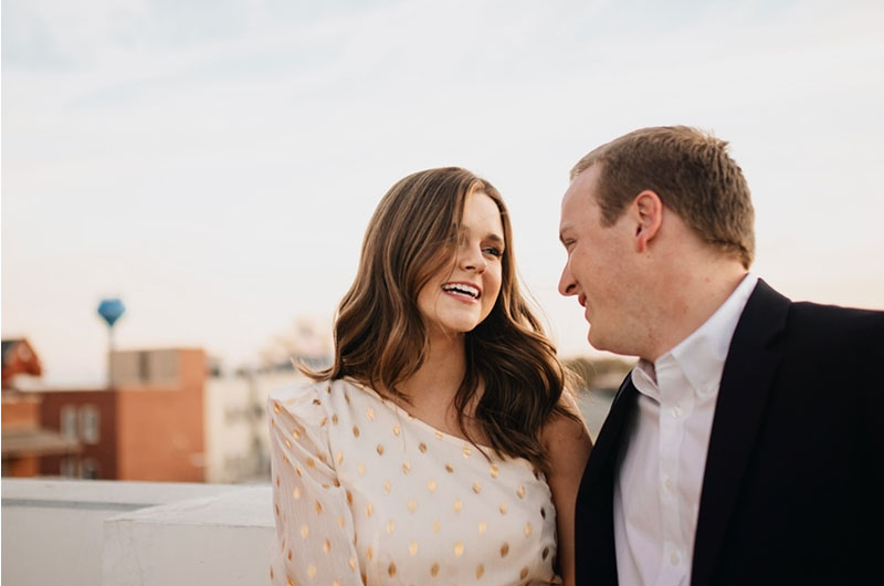 Oxford Mississippi College Sweetheart Photoshoot Proposal Rooftop With Gold Dress