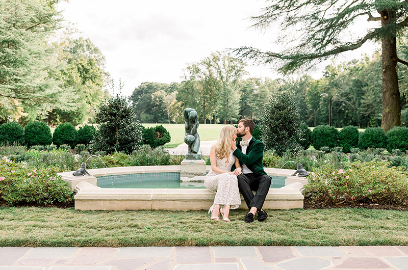 A Contemporary Chic Elopement At The Reynolda House Museum Of American Art Couple Portrait By Fountain