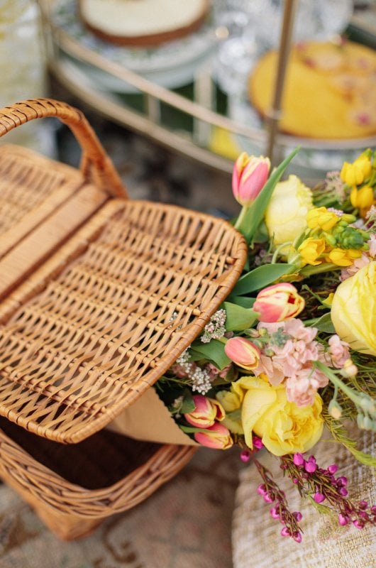 Classic English Inspired Engagement At Lands End Estate In Central Arkansas Picnic Basket With Florals 2 Scaled 1