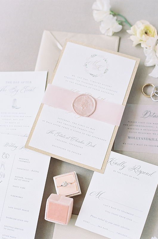 Molly Rooney And Killian Woodward Luxury Waterfront Wedding In Tennessee Invitation Suite