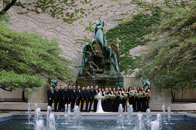 Wedding Stylist Grant McNamara Helps Brides And Grooms Celebrate In Style Bridal Party Pictured In Front Of Statue And Fountains Copy