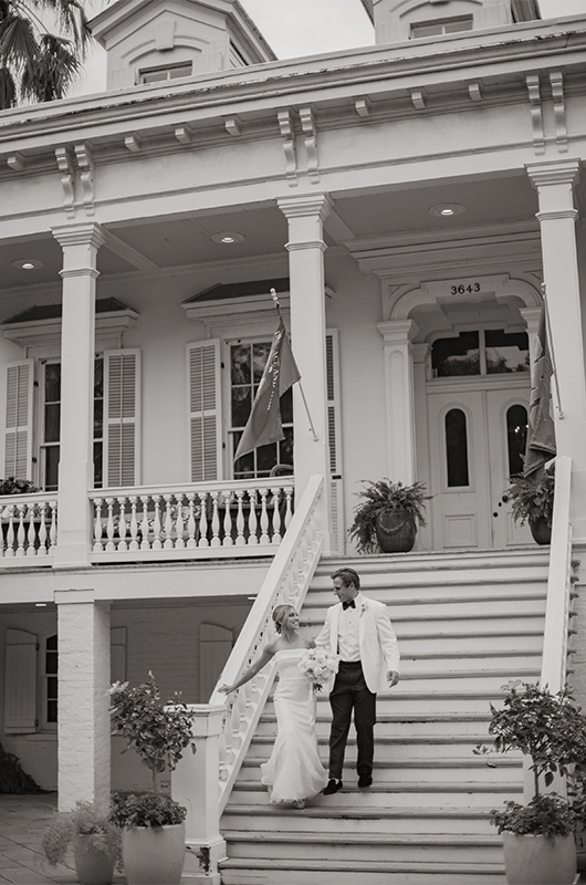 Peyton LoCicero and James Trist Marry in an Extravagant New Orleans Wedding BW couple on staircase copy