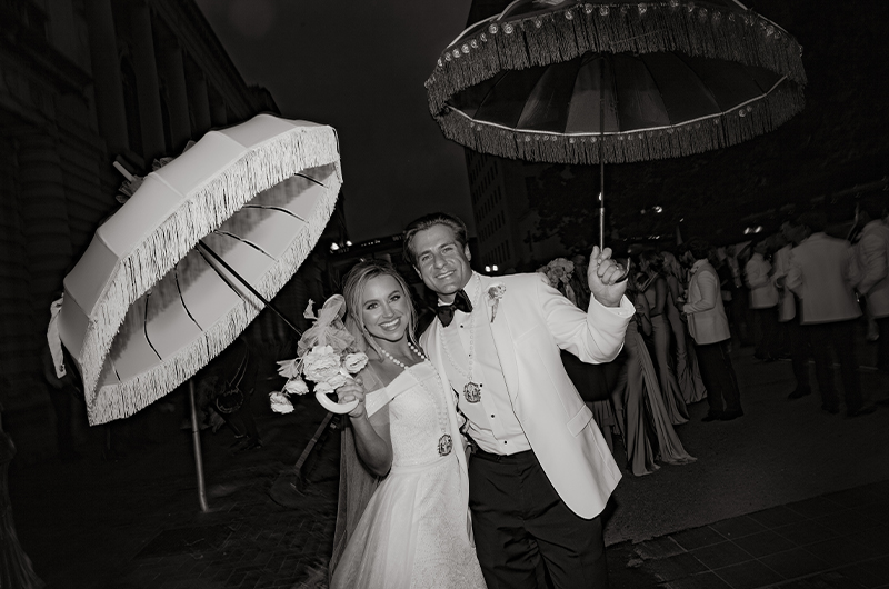 Peyton LoCicero and James Trist Marry in an Extravagant New Orleans Wedding BW couple w umbrellas copy